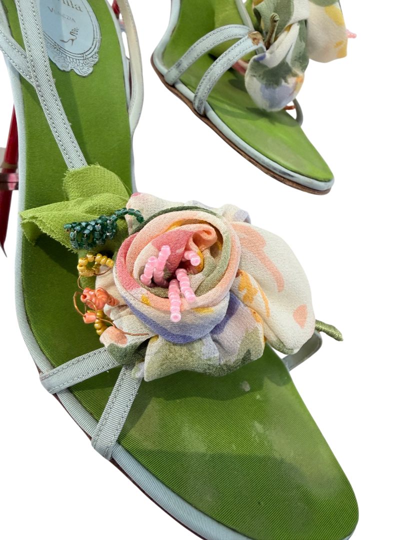 René Caovilla Pale Blue Strappy Heels with Silk Floral Rosettes