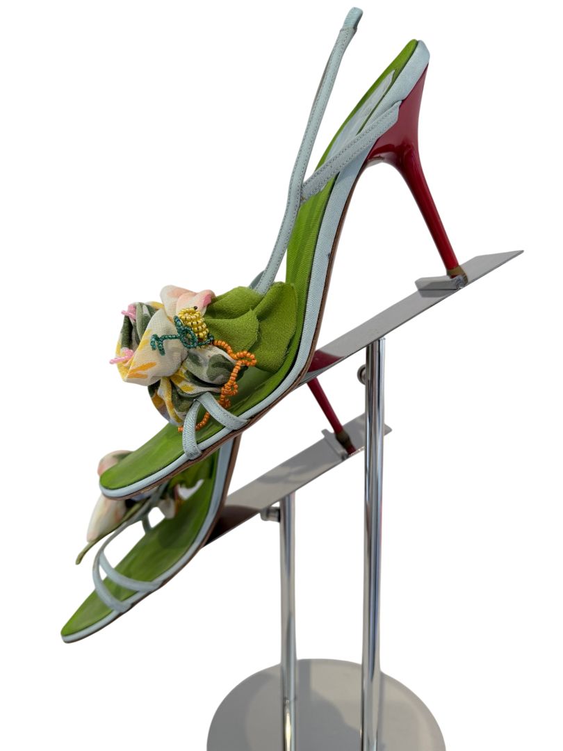 René Caovilla Pale Blue Strappy Heels with Silk Floral Rosettes