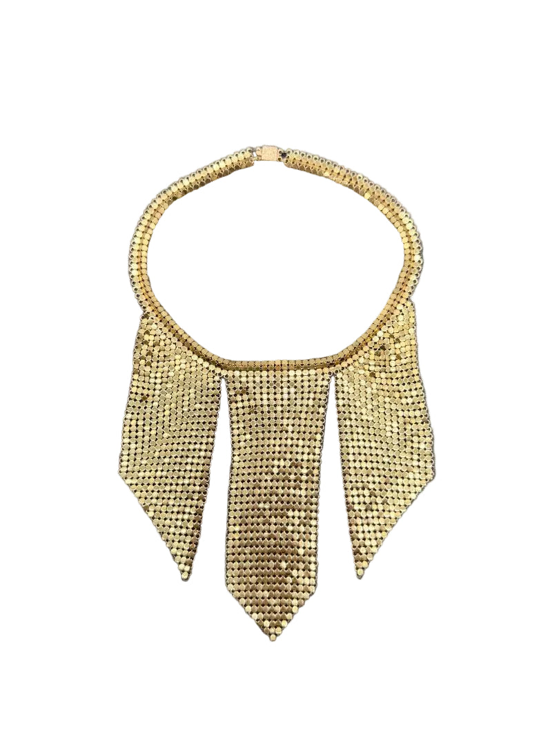 1950s Whiting & Davis Gold-Tone Chain Mail Three-Panel Bib Necklace