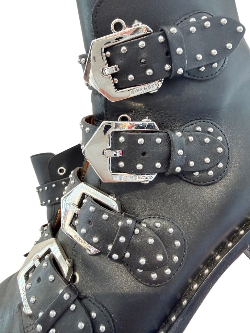 Givenchy Black Leather Studded Quad Buckle Boots