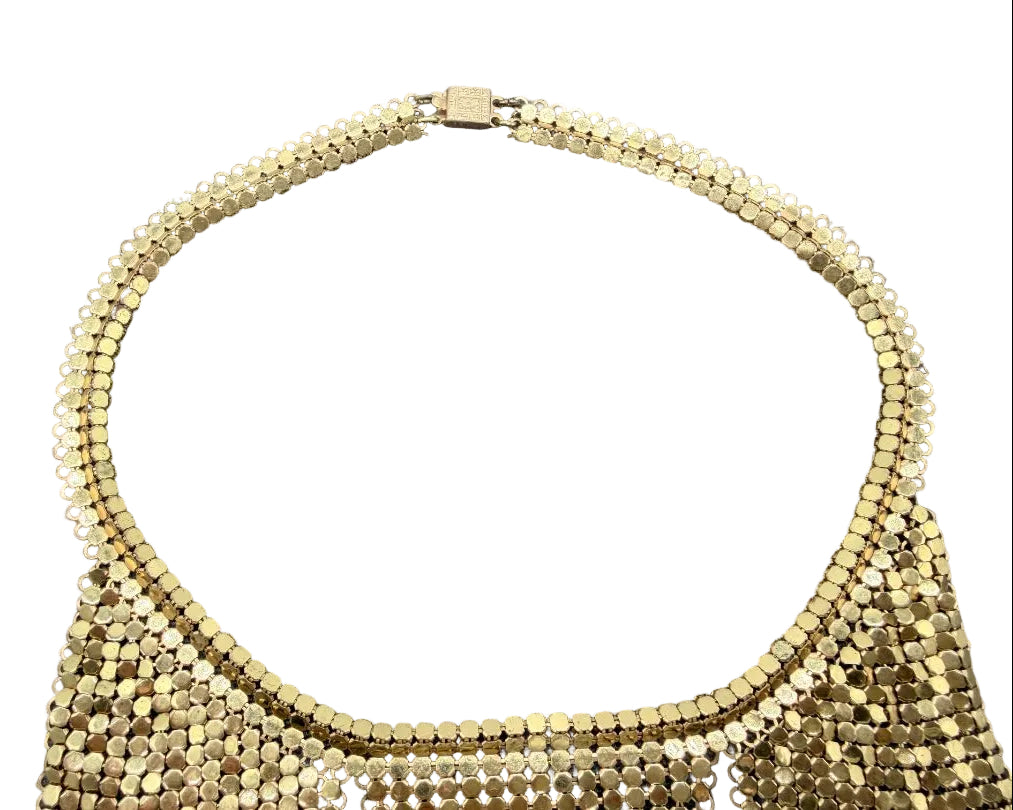 1950s Whiting & Davis Gold-Tone Chain Mail Three-Panel Bib Necklace