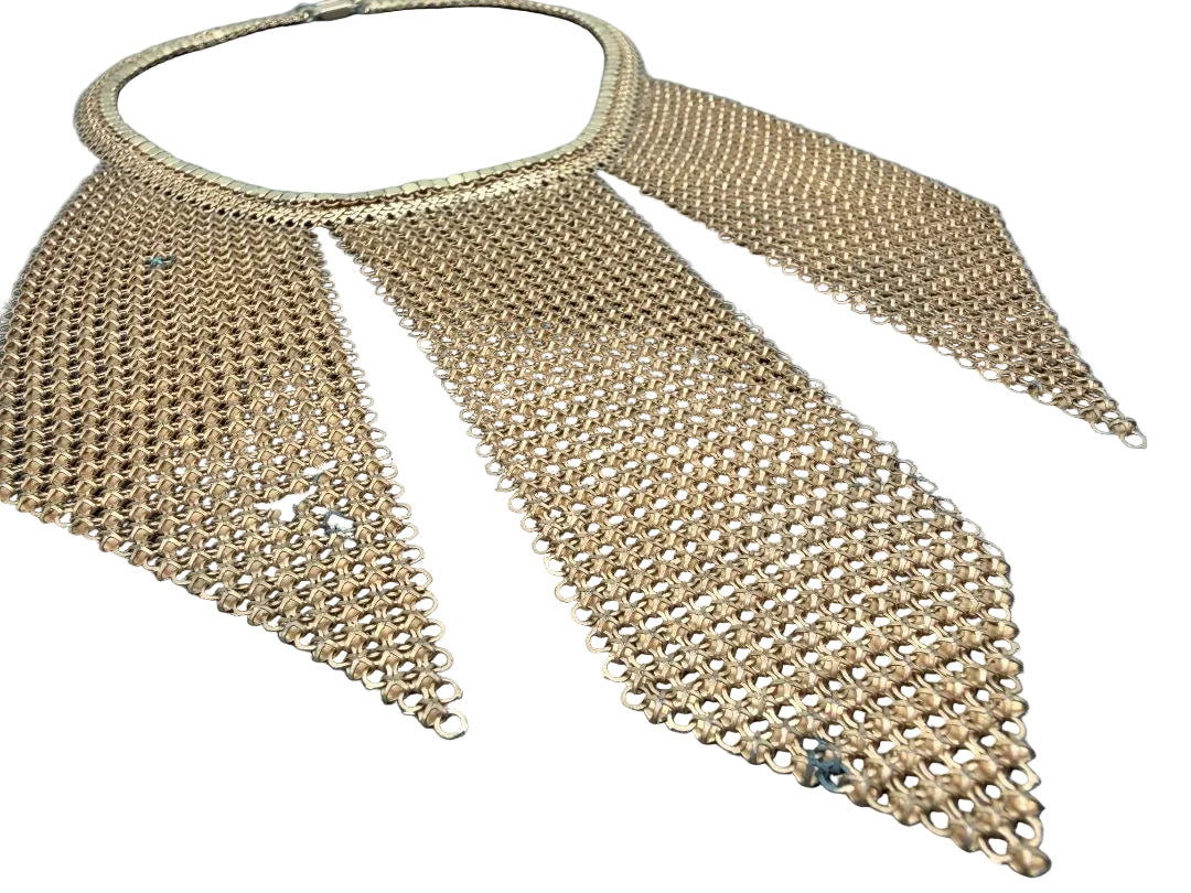1950s Whiting & Davis Gold-Tone Chain Mail Three-Panel Bib Necklace