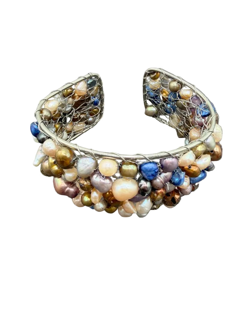1990s Silver-Tone Cuff Bracelet with Mixed-Color Genuine Pearls