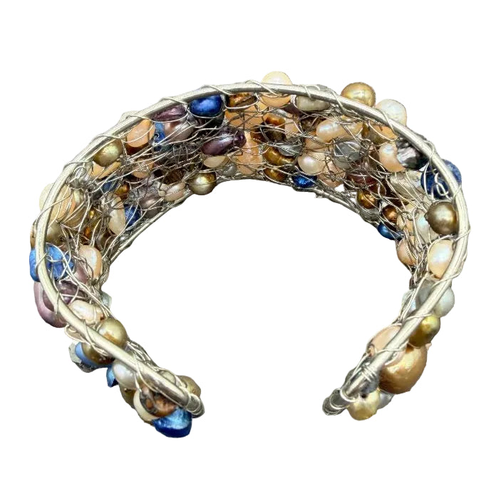 1990s Silver-Tone Cuff Bracelet with Mixed-Color Genuine Pearls