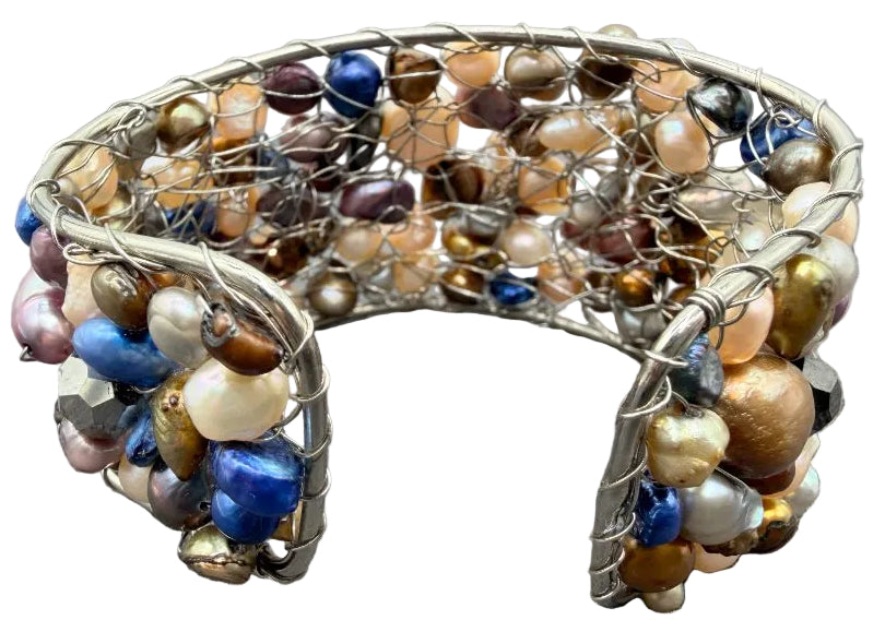 1990s Silver-Tone Cuff Bracelet with Mixed-Color Genuine Pearls
