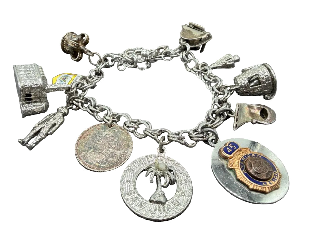 1960s ELCO Sterling Silver Charm Bracelet with 11 Charms
