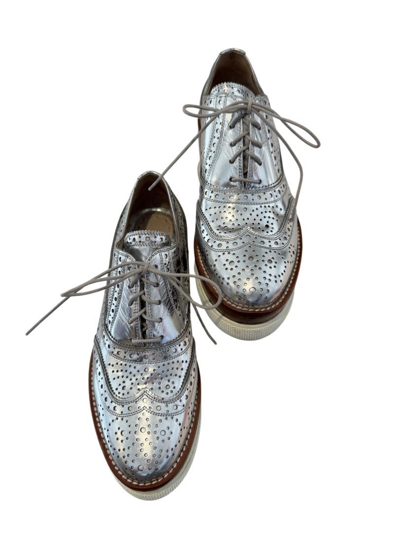 Miu Miu Silver Leather Wingtip Platform Lace-Up Loafers
