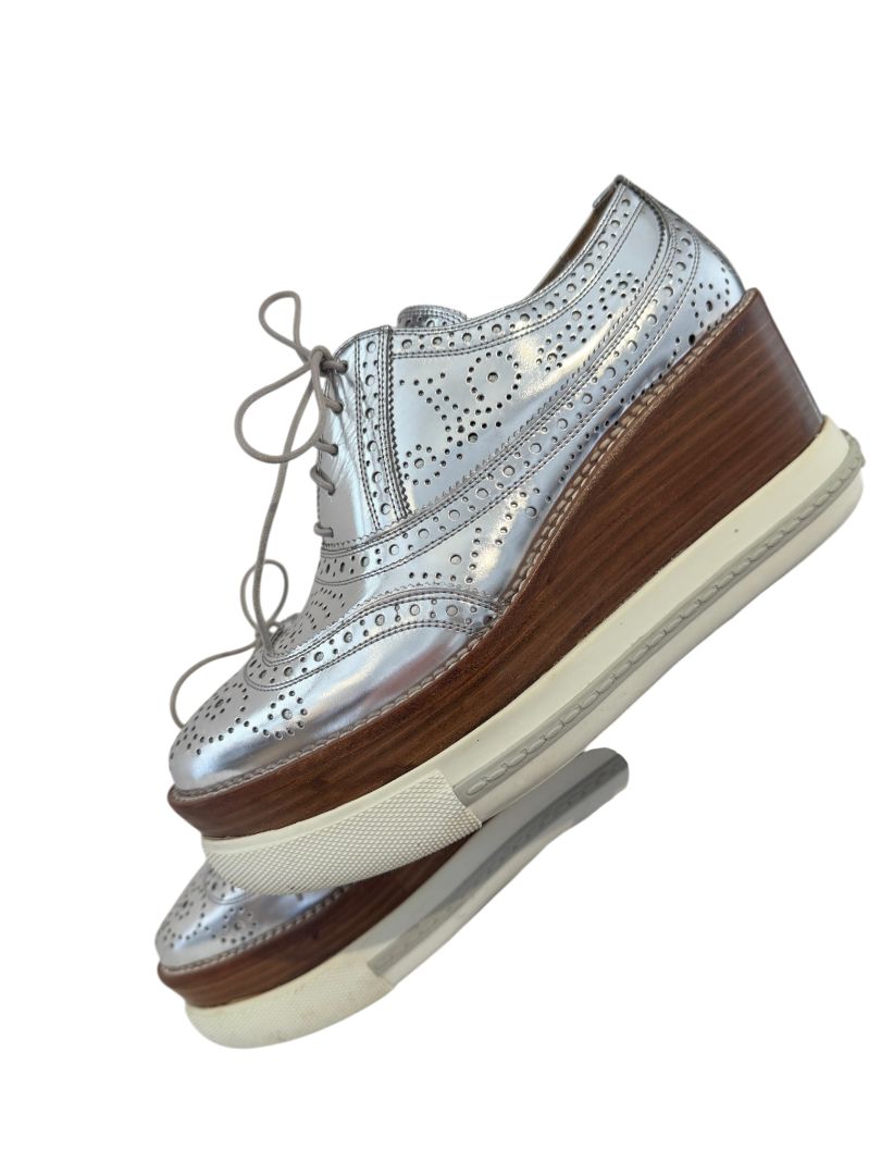 Miu Miu Silver Leather Wingtip Platform Lace-Up Loafers