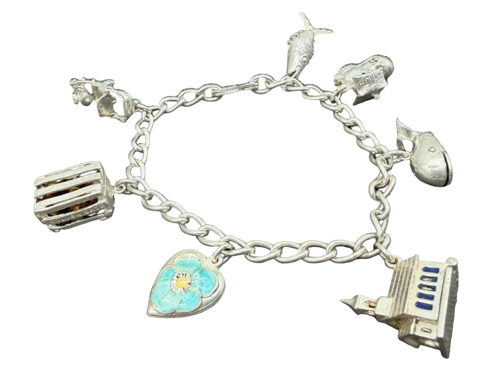 1980s Sterling Silver Charm Bracelet with 7 Charms