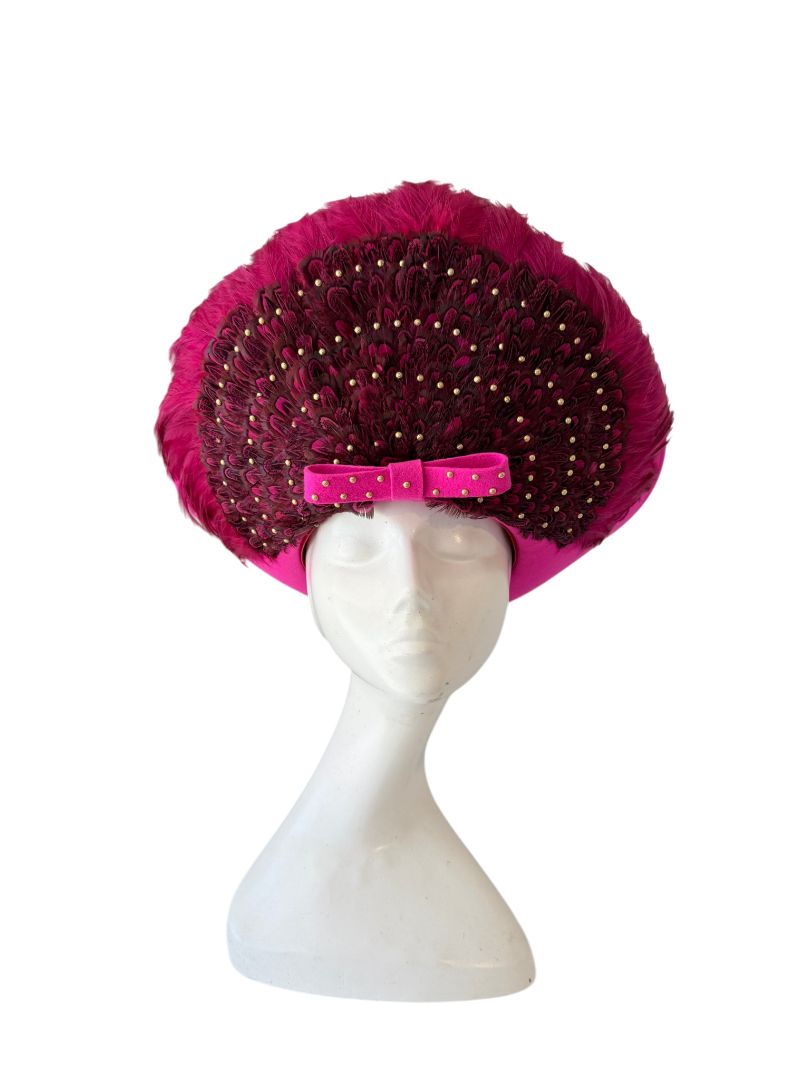 1960s Mr. John Fuchsia Halo Hat with Feather Crown, Gold Studs & Front Bow