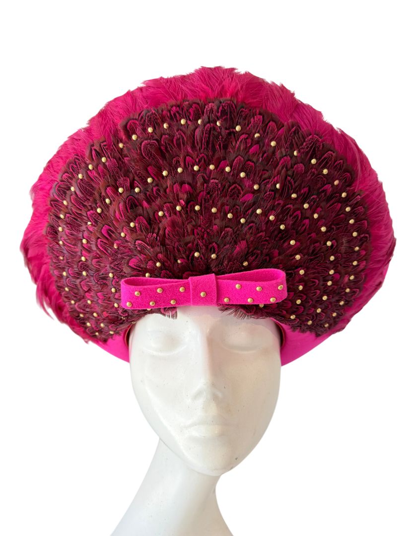 1960s Mr. John Fuchsia Halo Hat with Feather Crown, Gold Studs & Front Bow