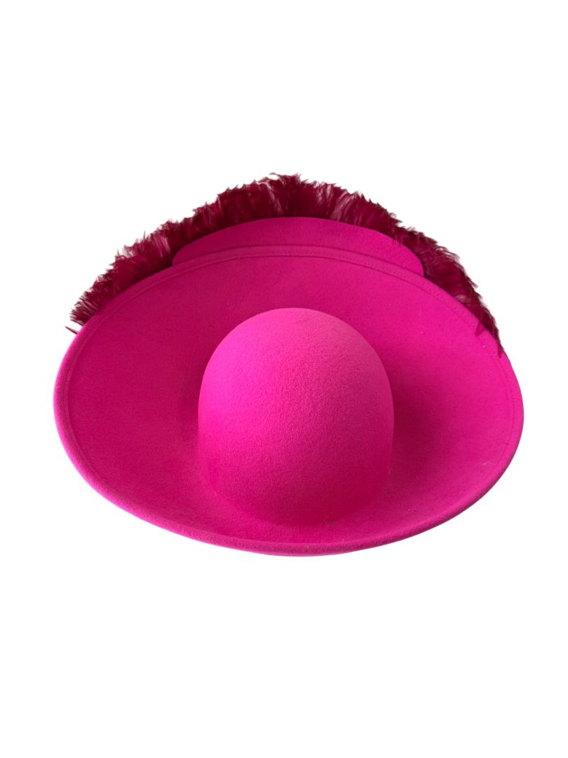 1960s Mr. John Fuchsia Halo Hat with Feather Crown, Gold Studs & Front Bow