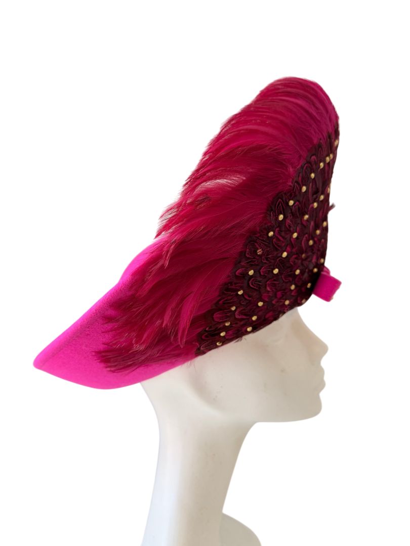 1960s Mr. John Fuchsia Halo Hat with Feather Crown, Gold Studs & Front Bow