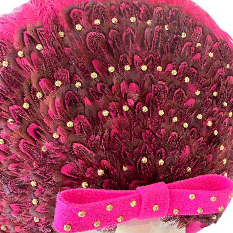 1960s Mr. John Fuchsia Halo Hat with Feather Crown, Gold Studs & Front Bow
