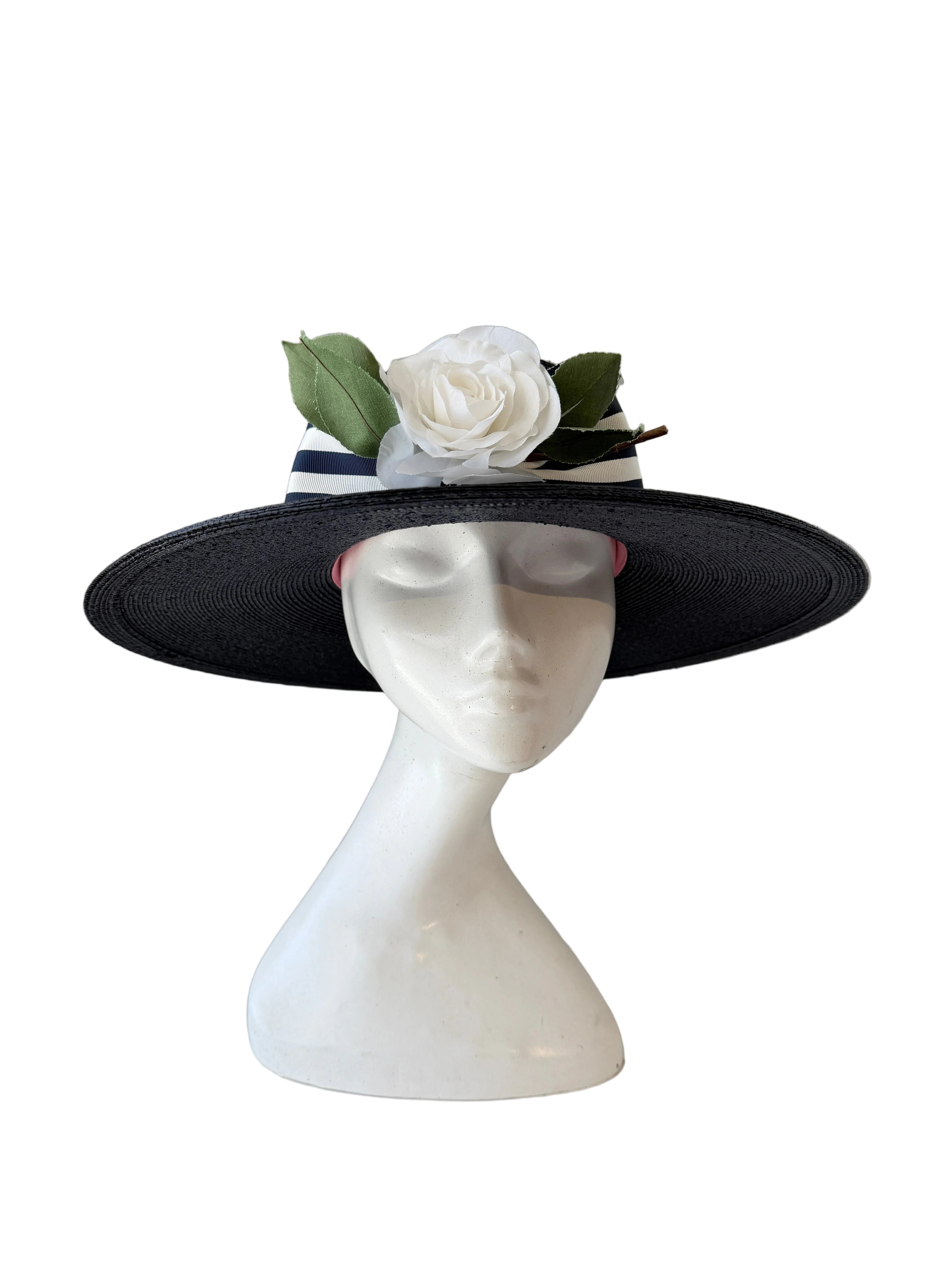 1980s Frank Olive Navy Straw Hat with Grosgrain Ribbon and Silk Rose (Private Collection)