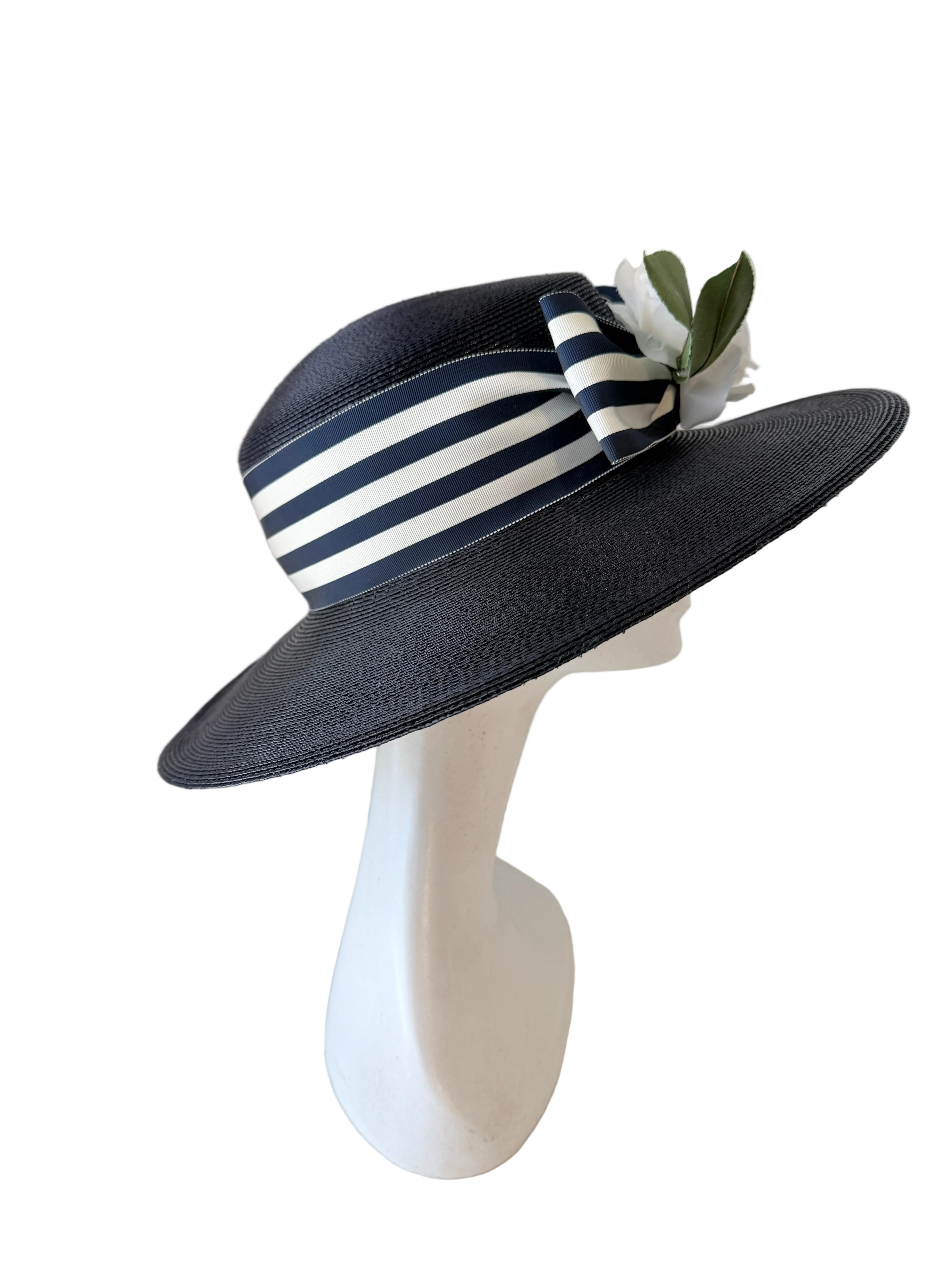 1980s Frank Olive Navy Straw Hat with Grosgrain Ribbon and Silk Rose (Private Collection)