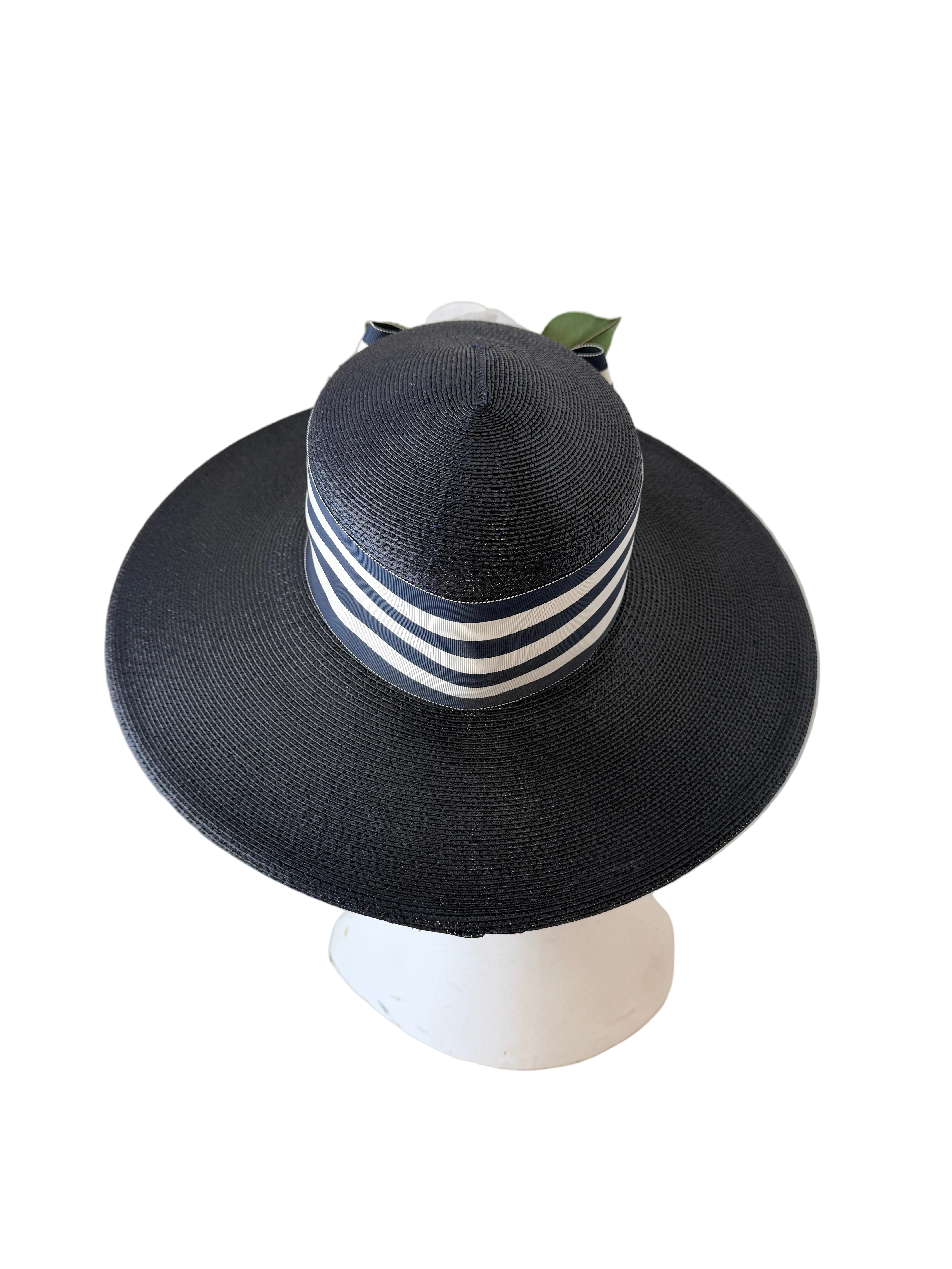 1980s Frank Olive Navy Straw Hat with Grosgrain Ribbon and Silk Rose (Private Collection)