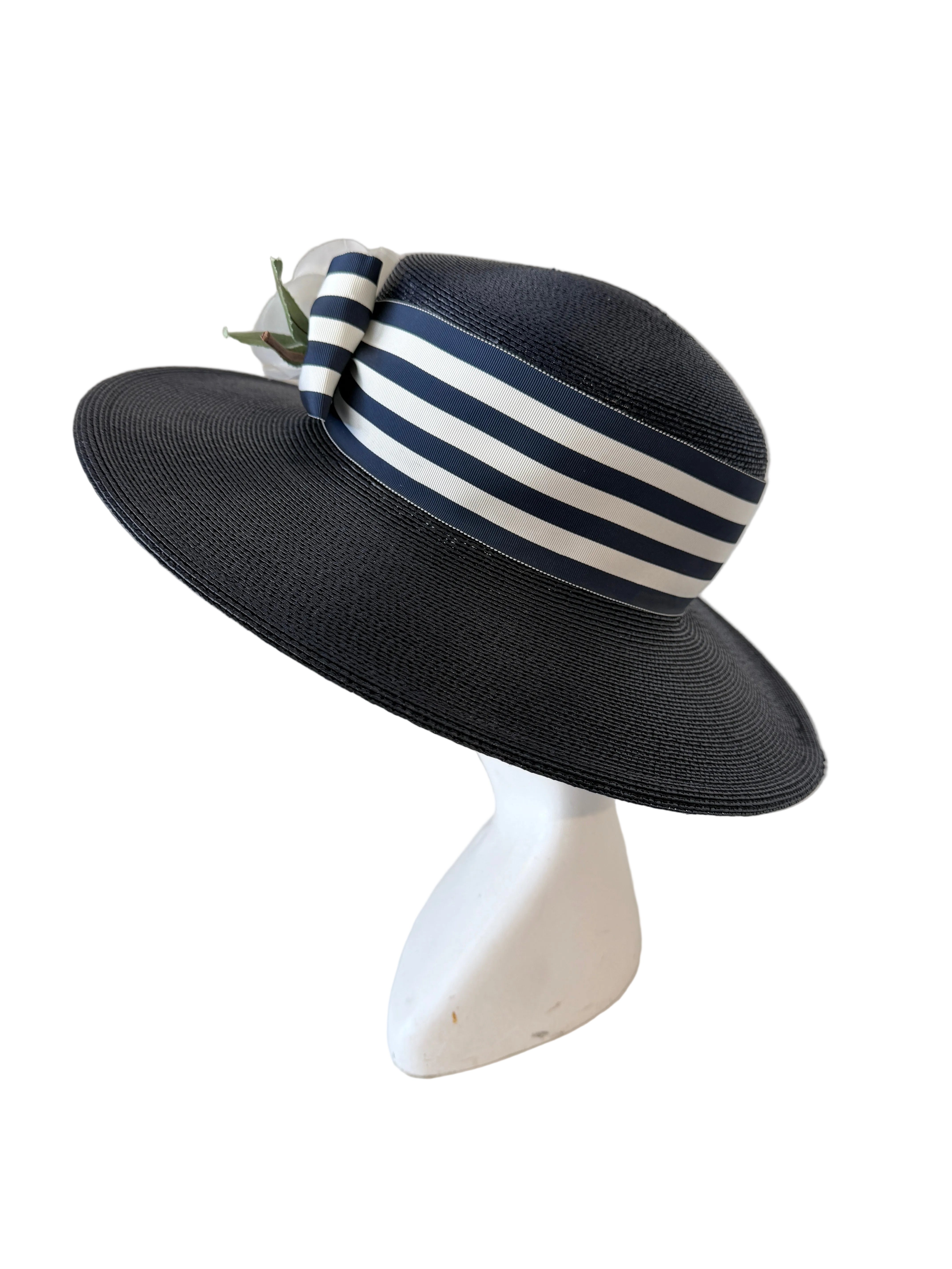 1980s Frank Olive Navy Straw Hat with Grosgrain Ribbon and Silk Rose (Private Collection)