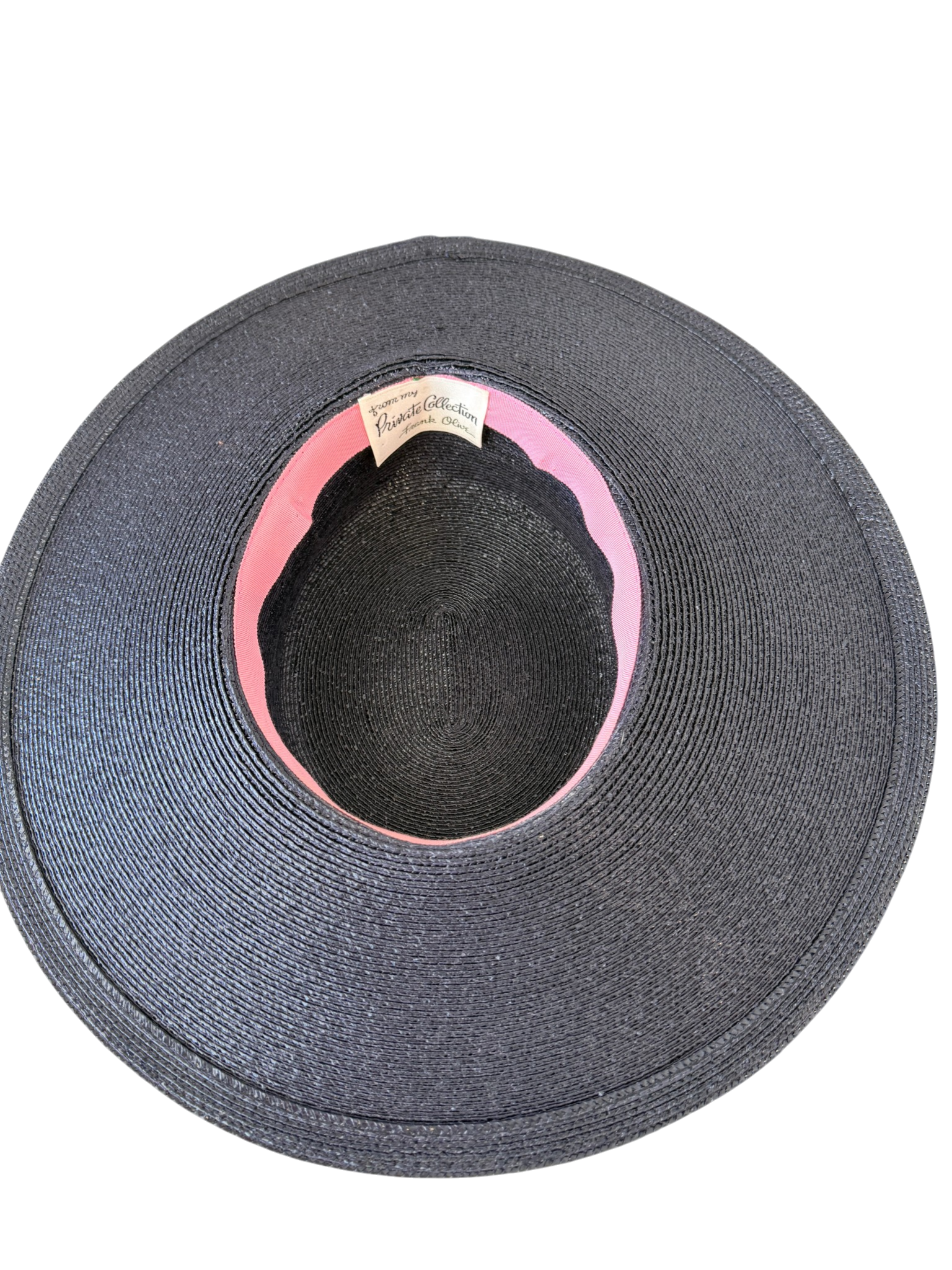 1980s Frank Olive Navy Straw Hat with Grosgrain Ribbon and Silk Rose (Private Collection)