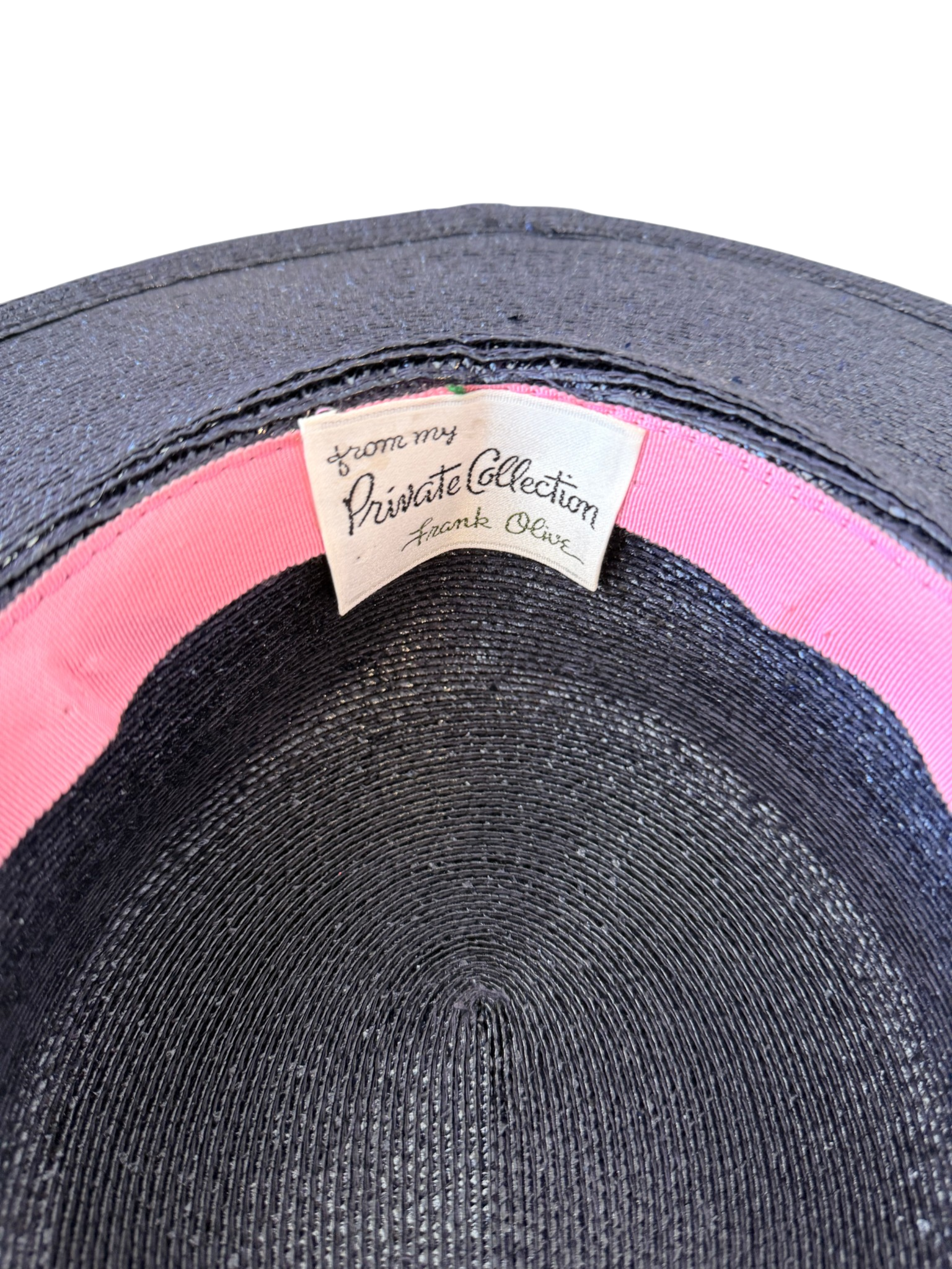 1980s Frank Olive Navy Straw Hat with Grosgrain Ribbon and Silk Rose (Private Collection)