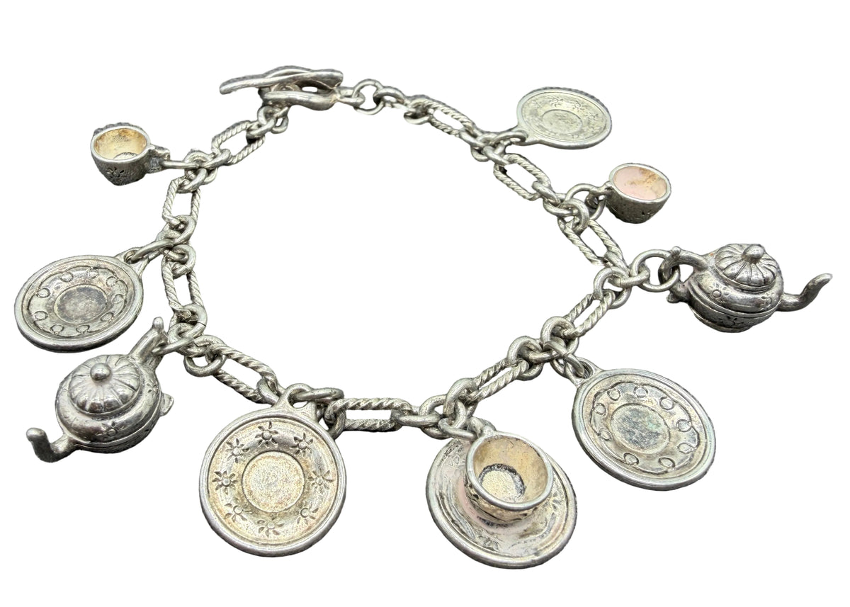 1980s Sterling Silver Charm Bracelet with 9 Cup & Saucer Charms