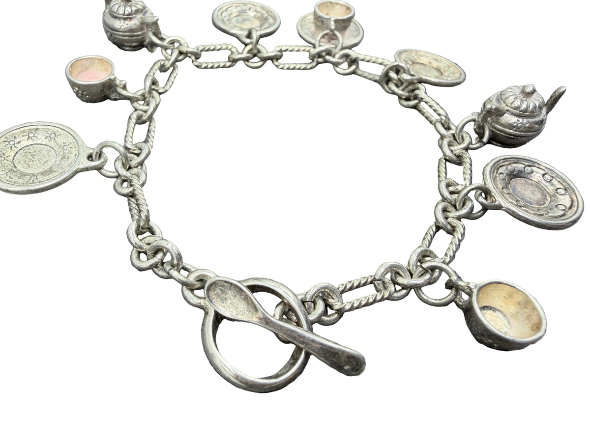 1980s Sterling Silver Charm Bracelet with 9 Cup & Saucer Charms