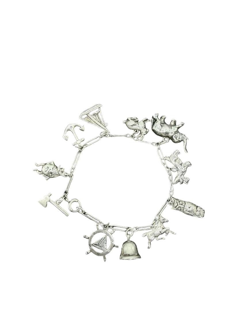 1970s Sterling Silver Paperclip Chain Charm Bracelet with 11 Charms