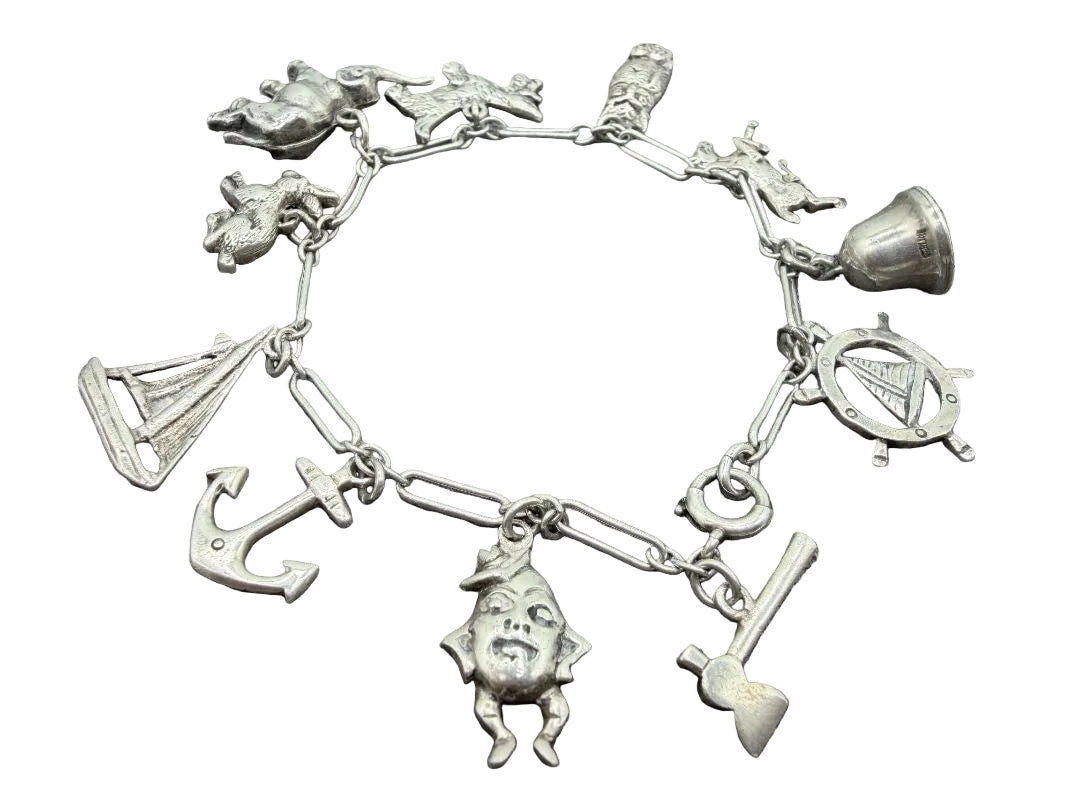 1970s Sterling Silver Paperclip Chain Charm Bracelet with 11 Charms