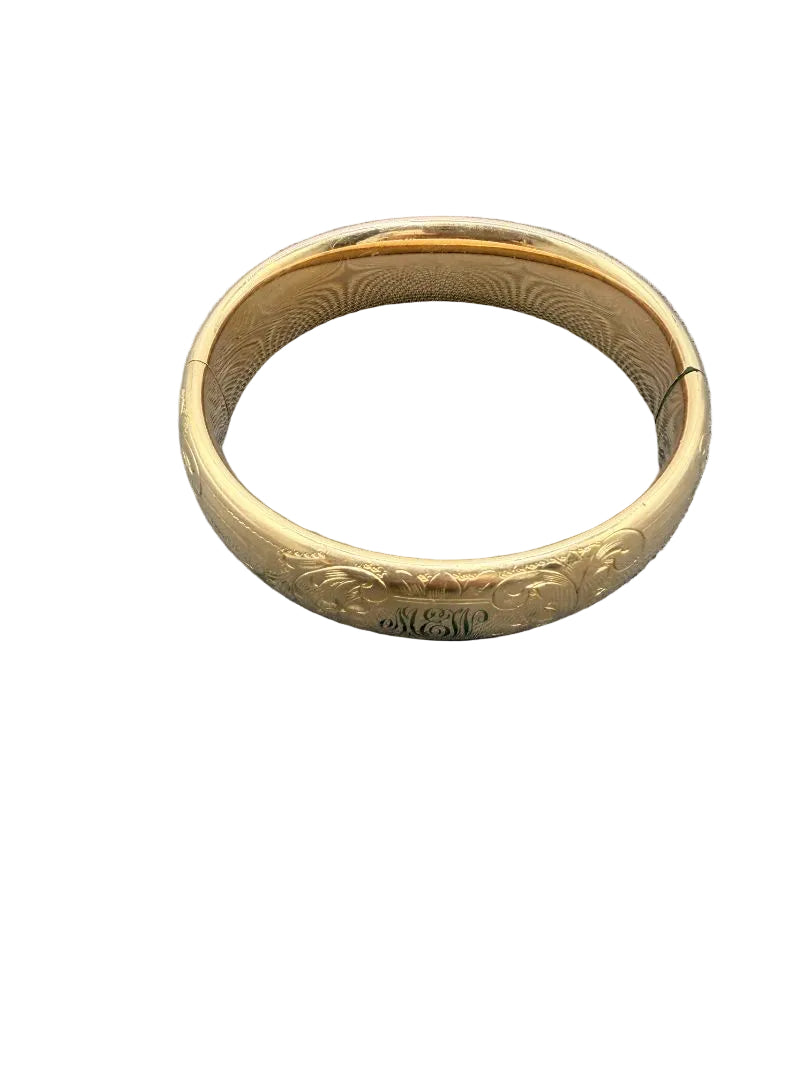 1930s M.S. Company Gold-Plated Hinged Bangle Bracelet with Floral Scroll Engravings & MEW Monogram