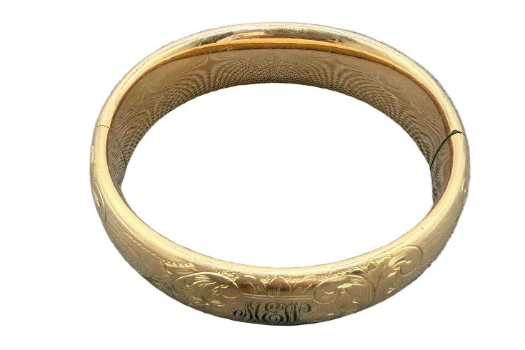 1930s M.S. Company Gold-Plated Hinged Bangle Bracelet with Floral Scroll Engravings & MEW Monogram