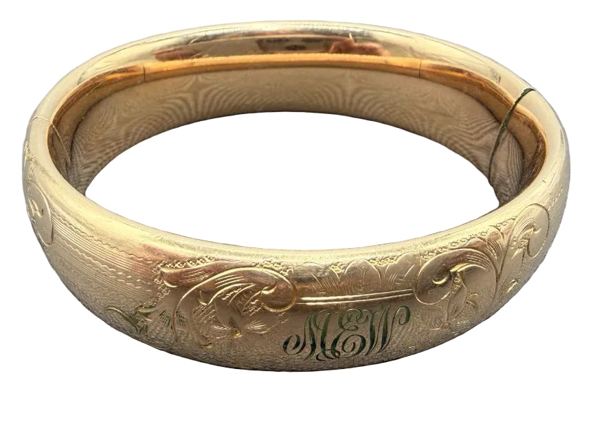1930s M.S. Company Gold-Plated Hinged Bangle Bracelet with Floral Scroll Engravings & MEW Monogram