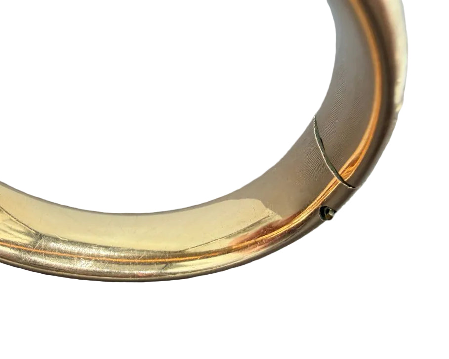 1930s M.S. Company Gold-Plated Hinged Bangle Bracelet with Floral Scroll Engravings & MEW Monogram