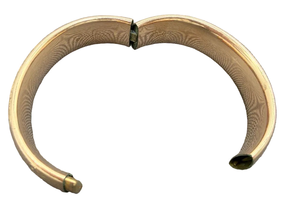 1930s M.S. Company Gold-Plated Hinged Bangle Bracelet with Floral Scroll Engravings & MEW Monogram