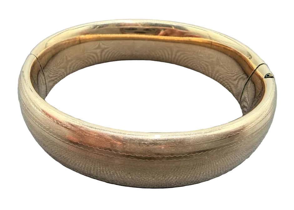 1930s M.S. Company Gold-Plated Hinged Bangle Bracelet with Floral Scroll Engravings & MEW Monogram