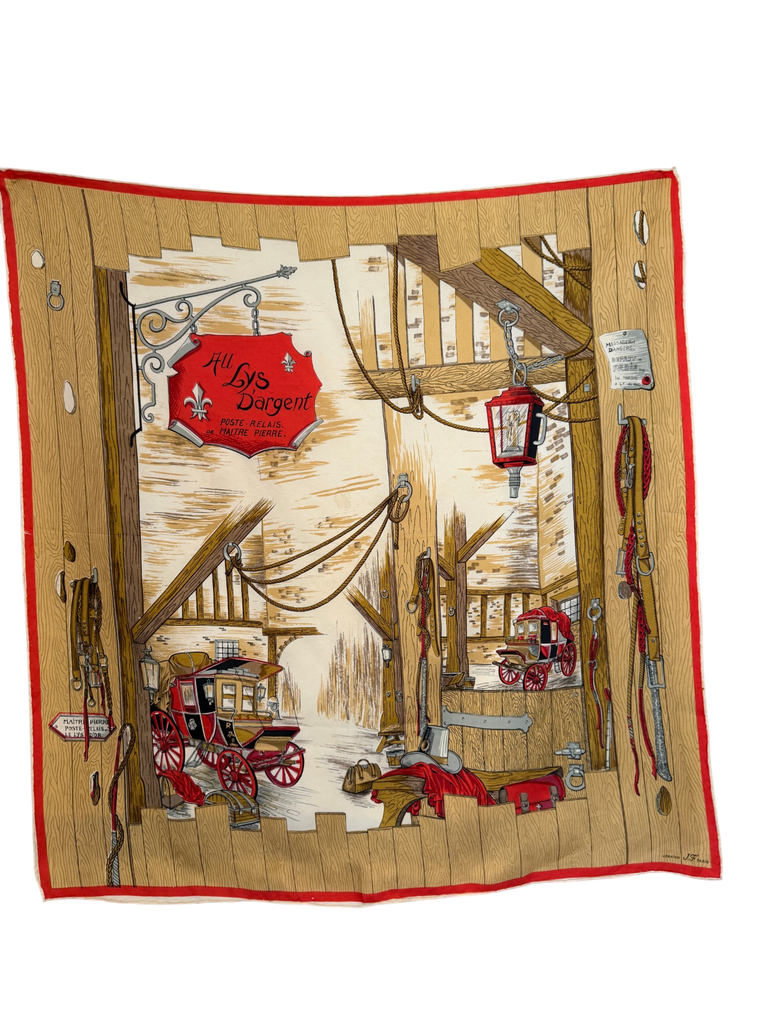 1950s Hermès “Au Lys d’Argent Poste-Relais” Silk Scarf by Maître Pierre