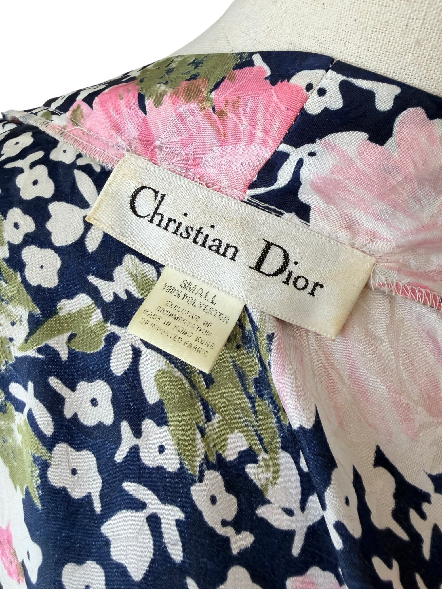 1970s Christian Dior Navy Floral Robe with Pink & White Print