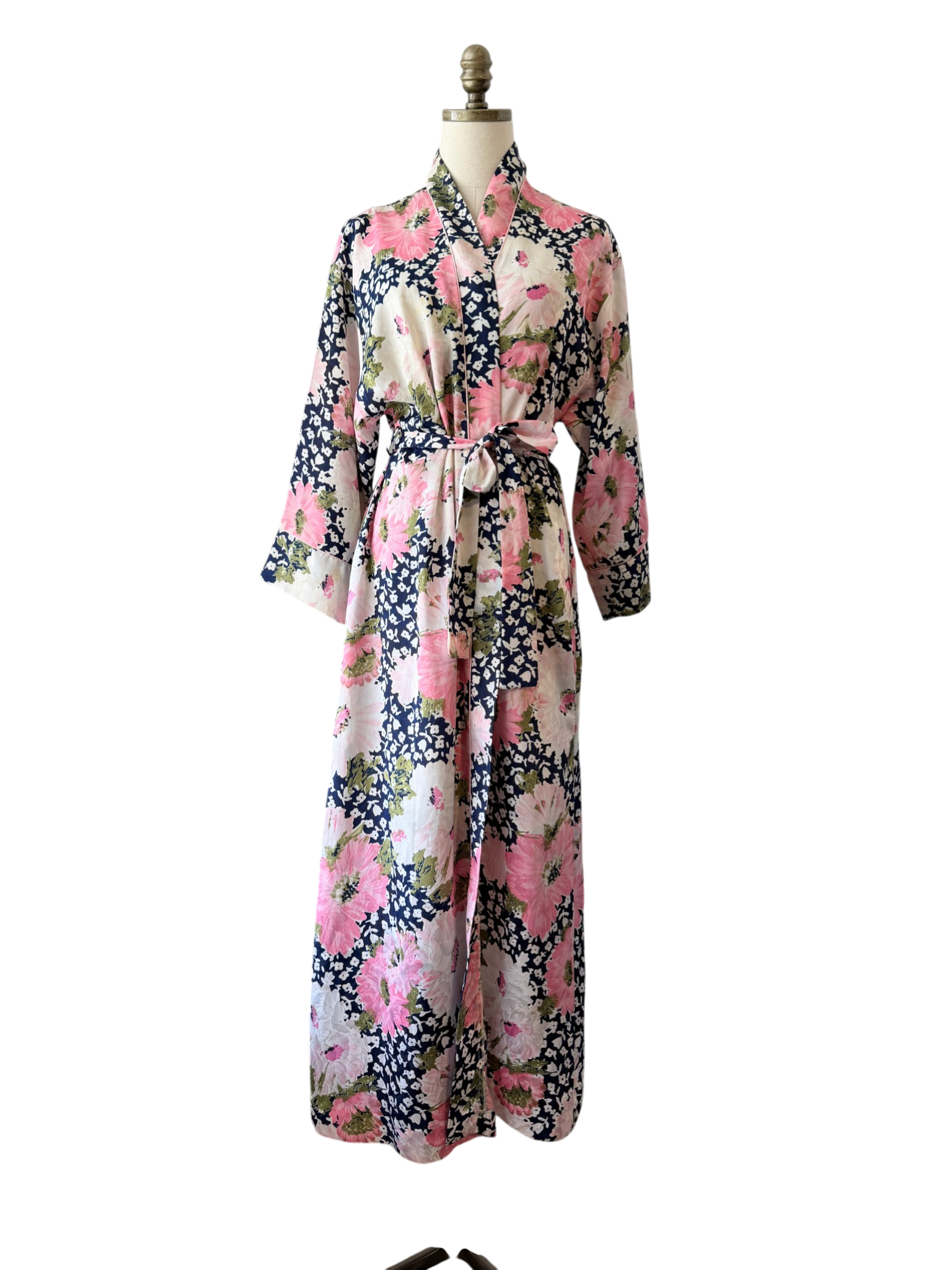 1970s Christian Dior Navy Floral Robe with Pink & White Print