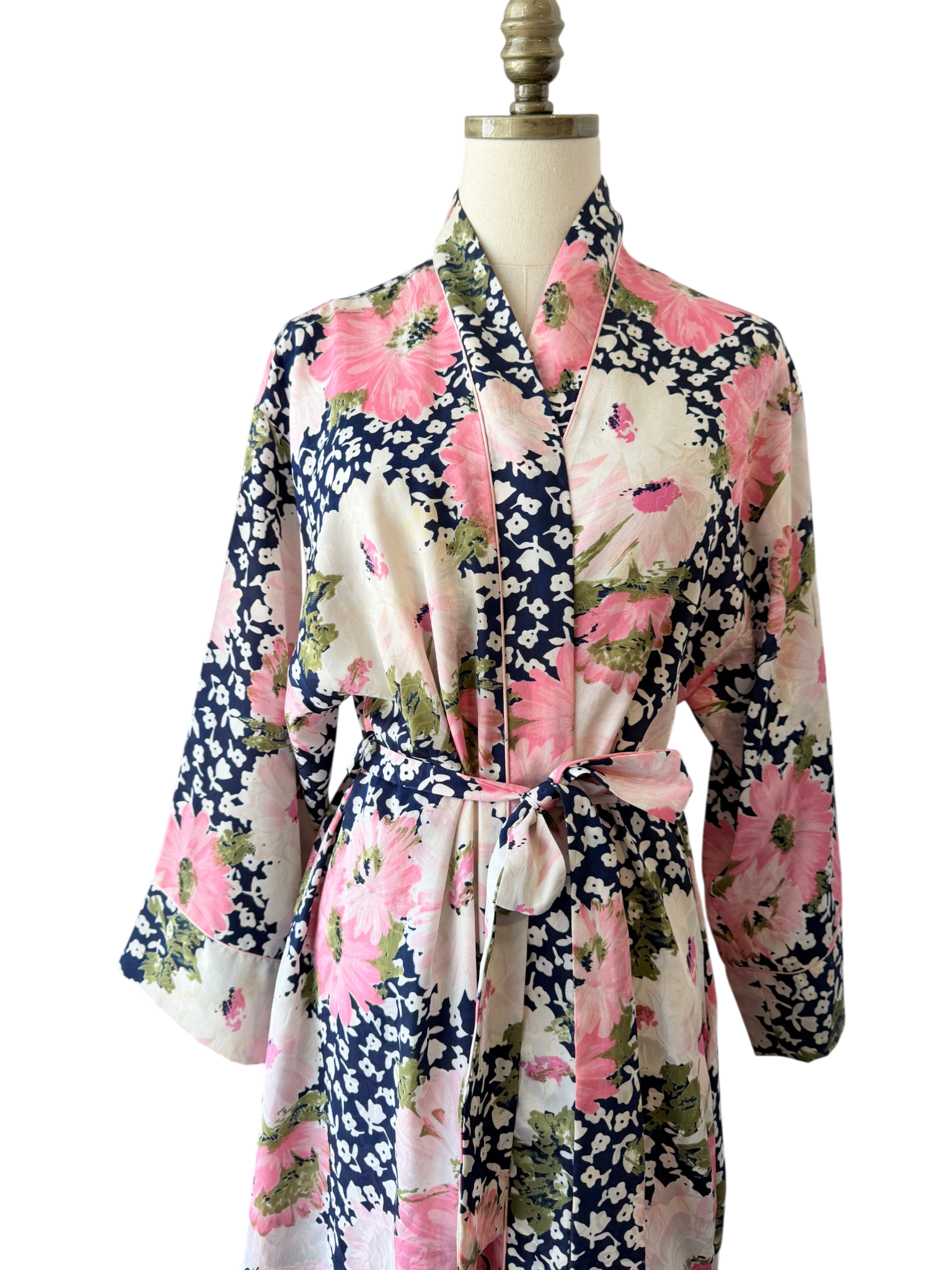 1970s Christian Dior Navy Floral Robe with Pink & White Print
