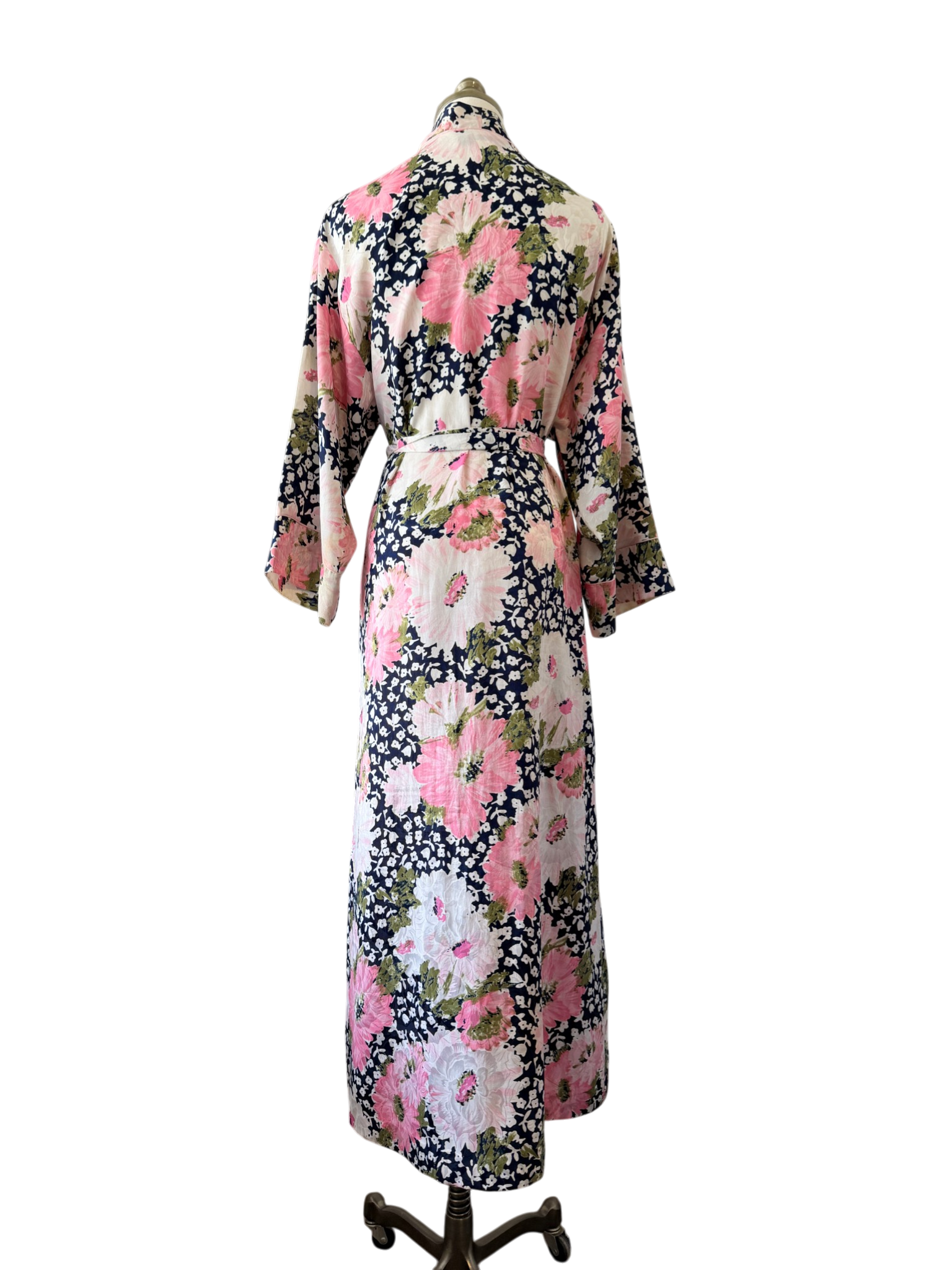 1970s Christian Dior Navy Floral Robe with Pink & White Print