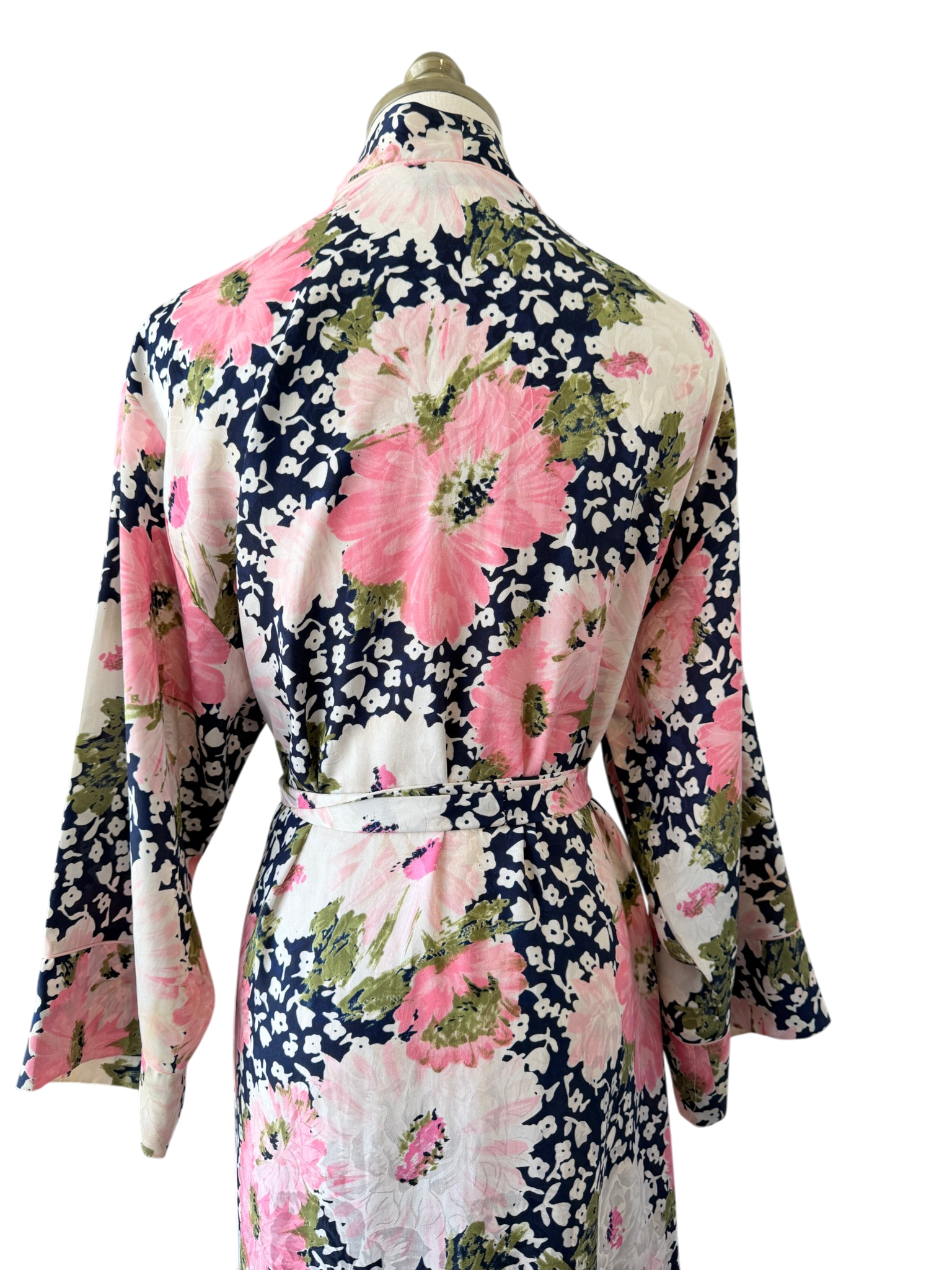 1970s Christian Dior Navy Floral Robe with Pink & White Print