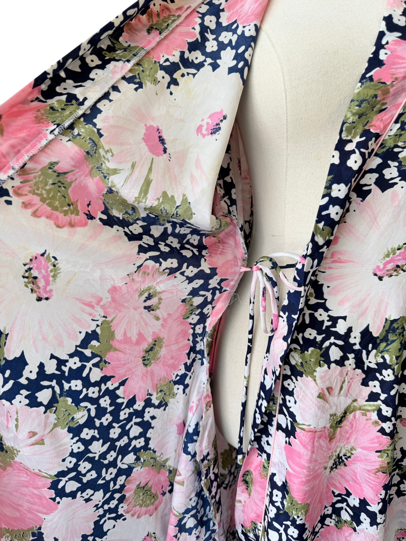 1970s Christian Dior Navy Floral Robe with Pink & White Print