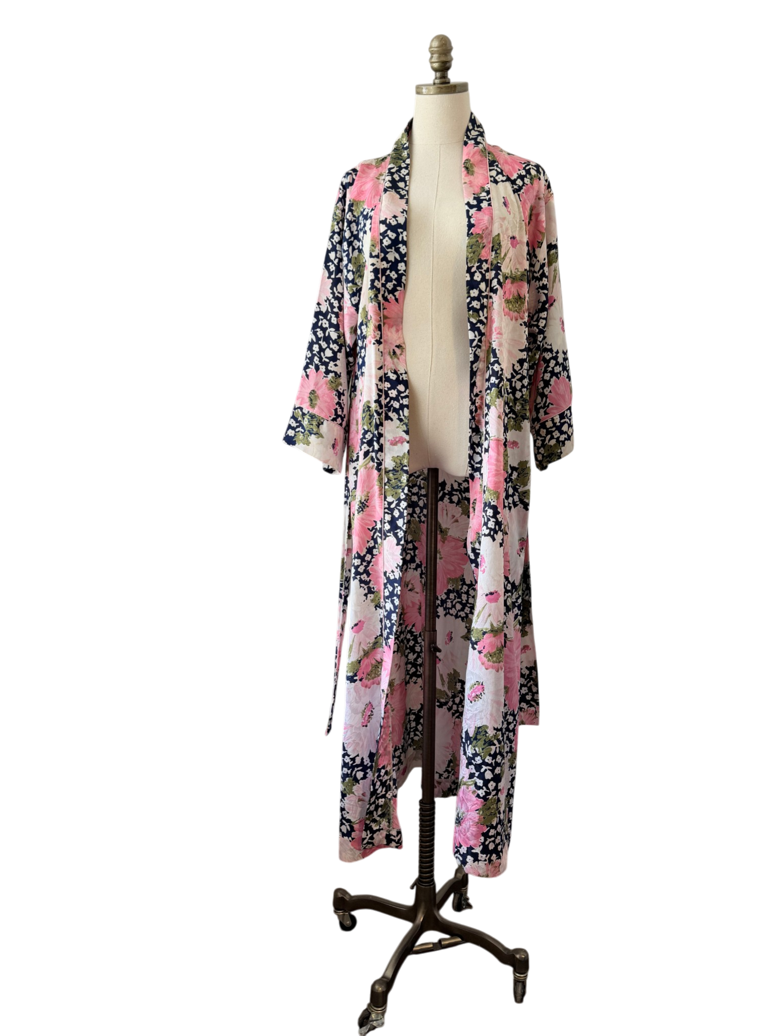 1970s Christian Dior Navy Floral Robe with Pink & White Print
