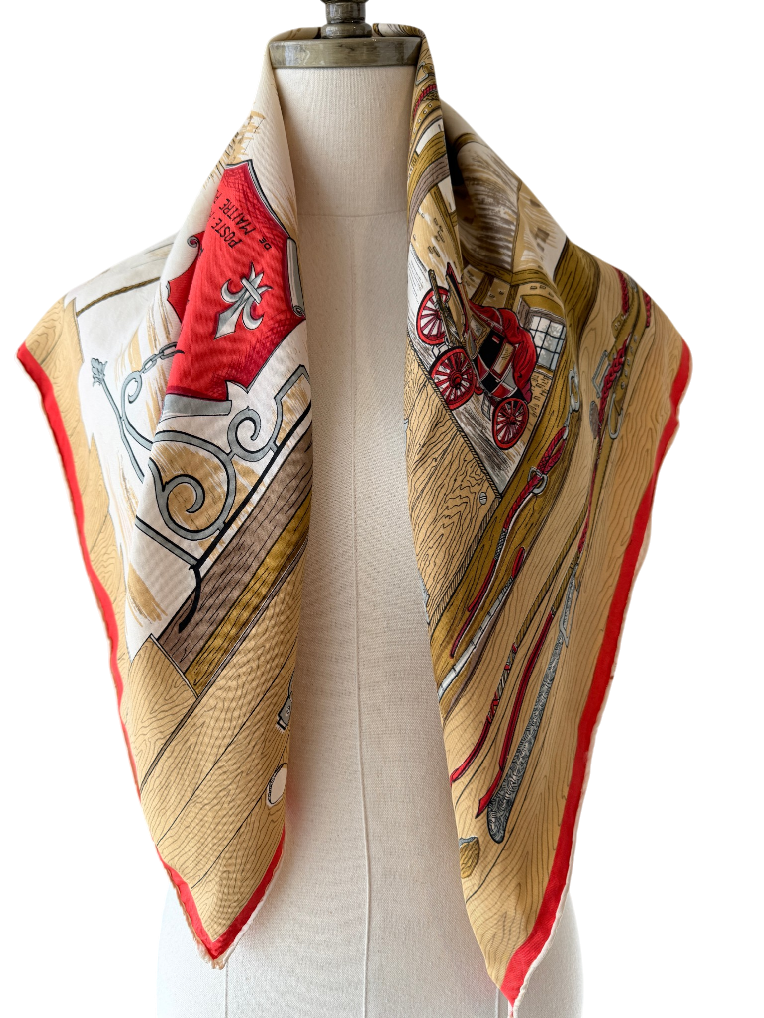 1950s Hermès “Au Lys d’Argent Poste-Relais” Silk Scarf by Maître Pierre