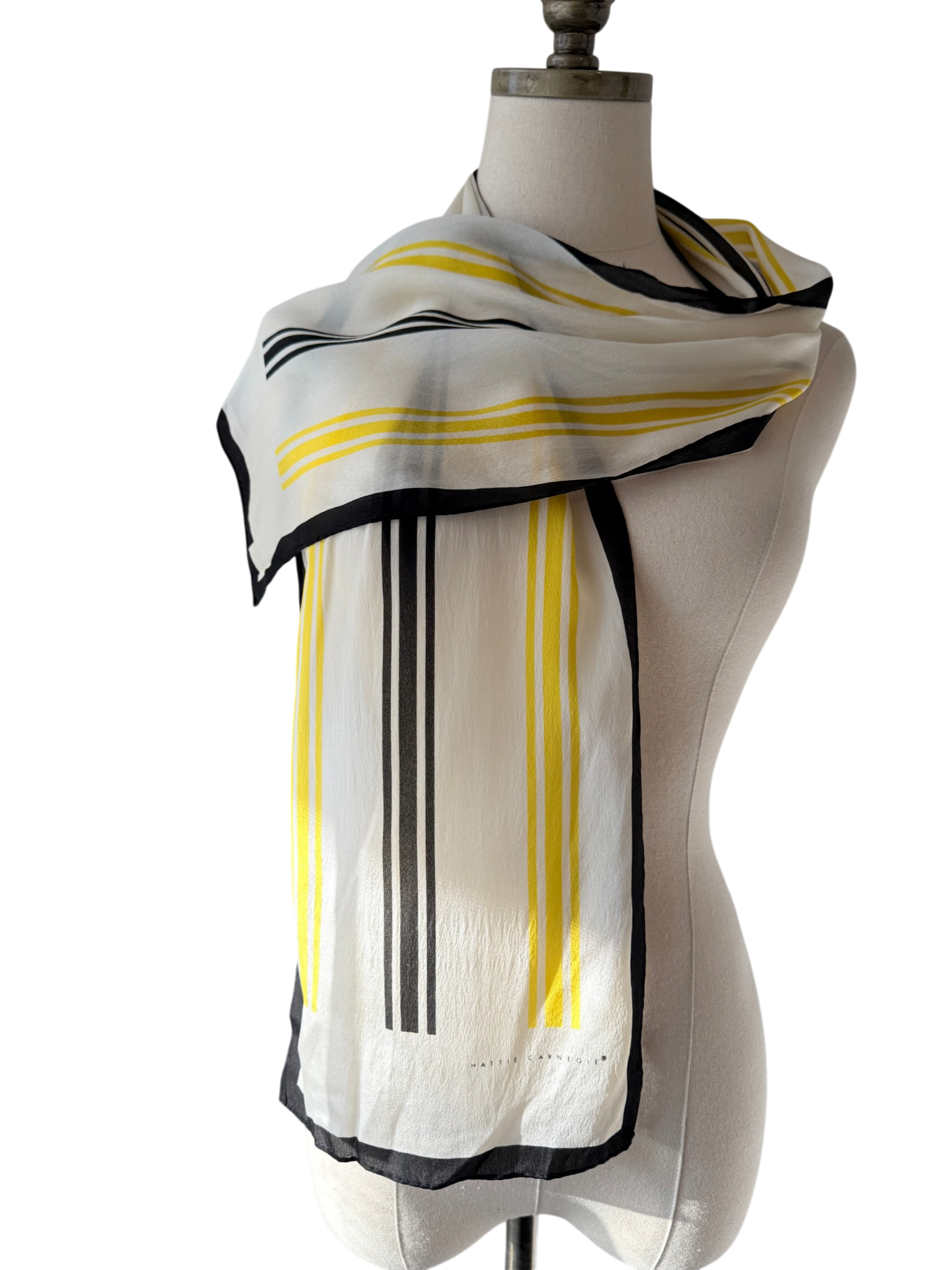 1970s Hattie Carnegie Ivory Oblong Scarf with Black & Yellow Detail