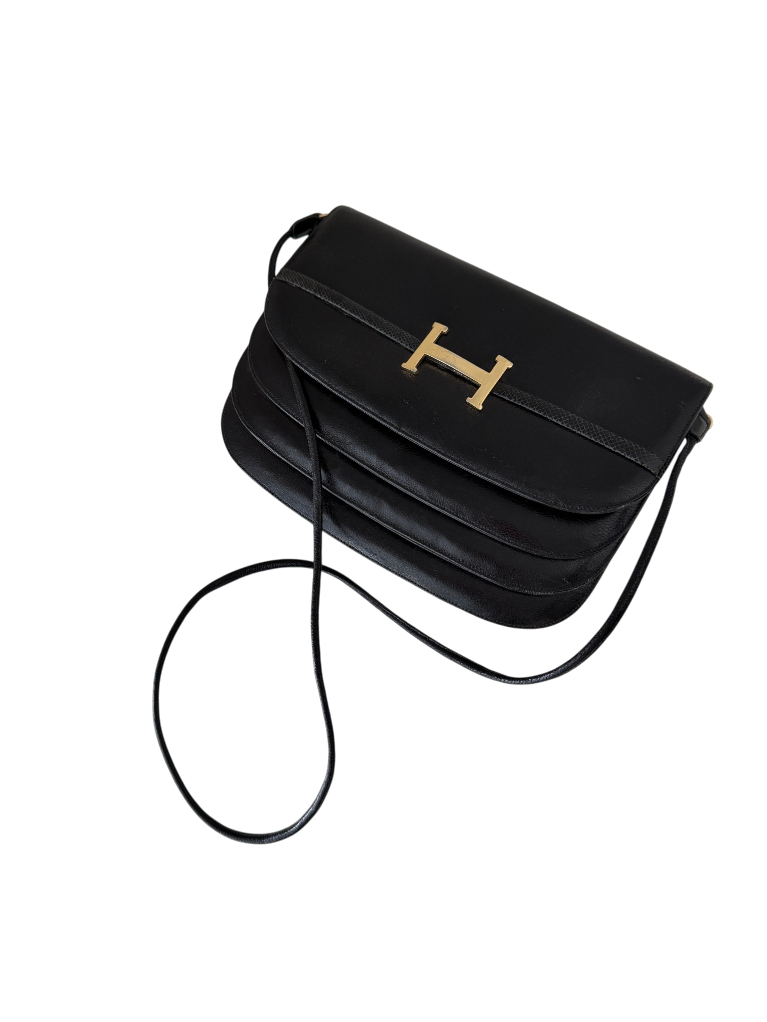 1980s Finesse LaModel Black Leather Flap-Top Purse with Gold H Detail