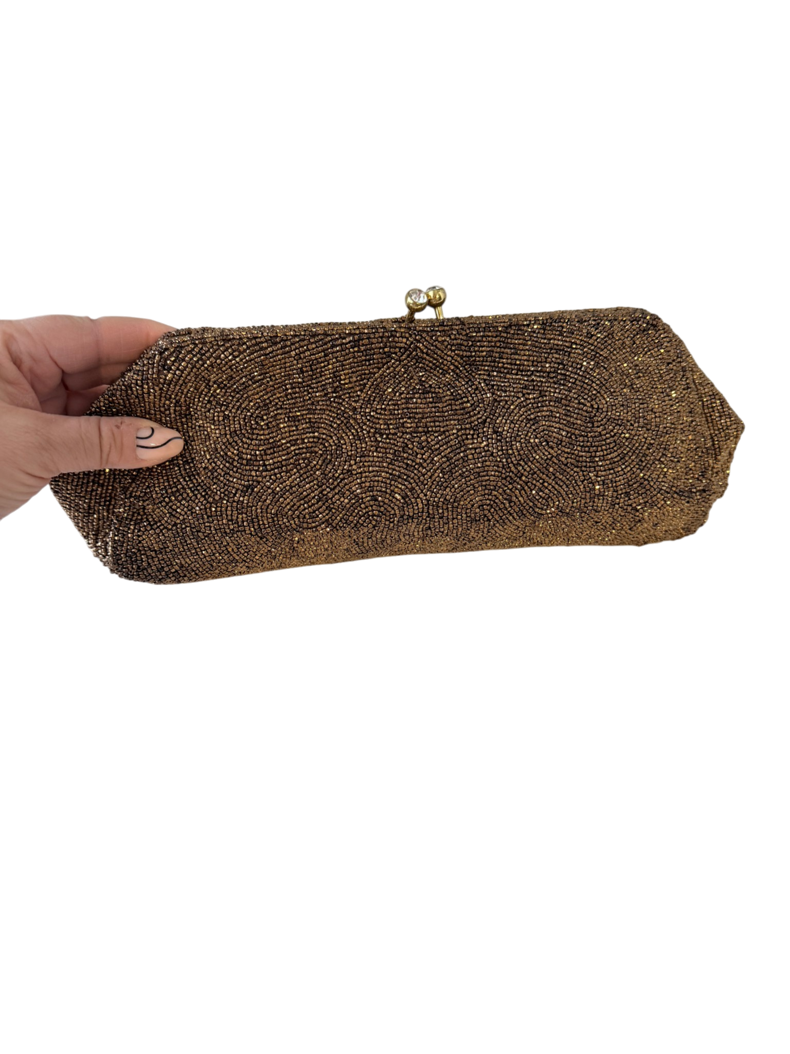 1950s Walborg Bronze Beaded Clutch with Rhinestone Clasp