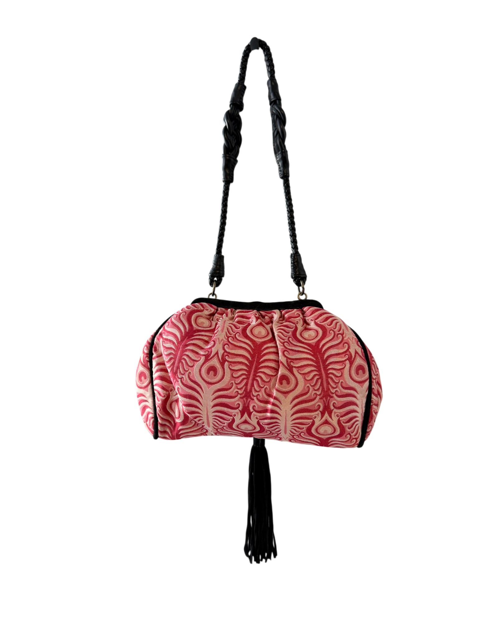 1990s Shanghai Tang Brocade Purse with Genuine Jade Cabochon and Tassel Detail