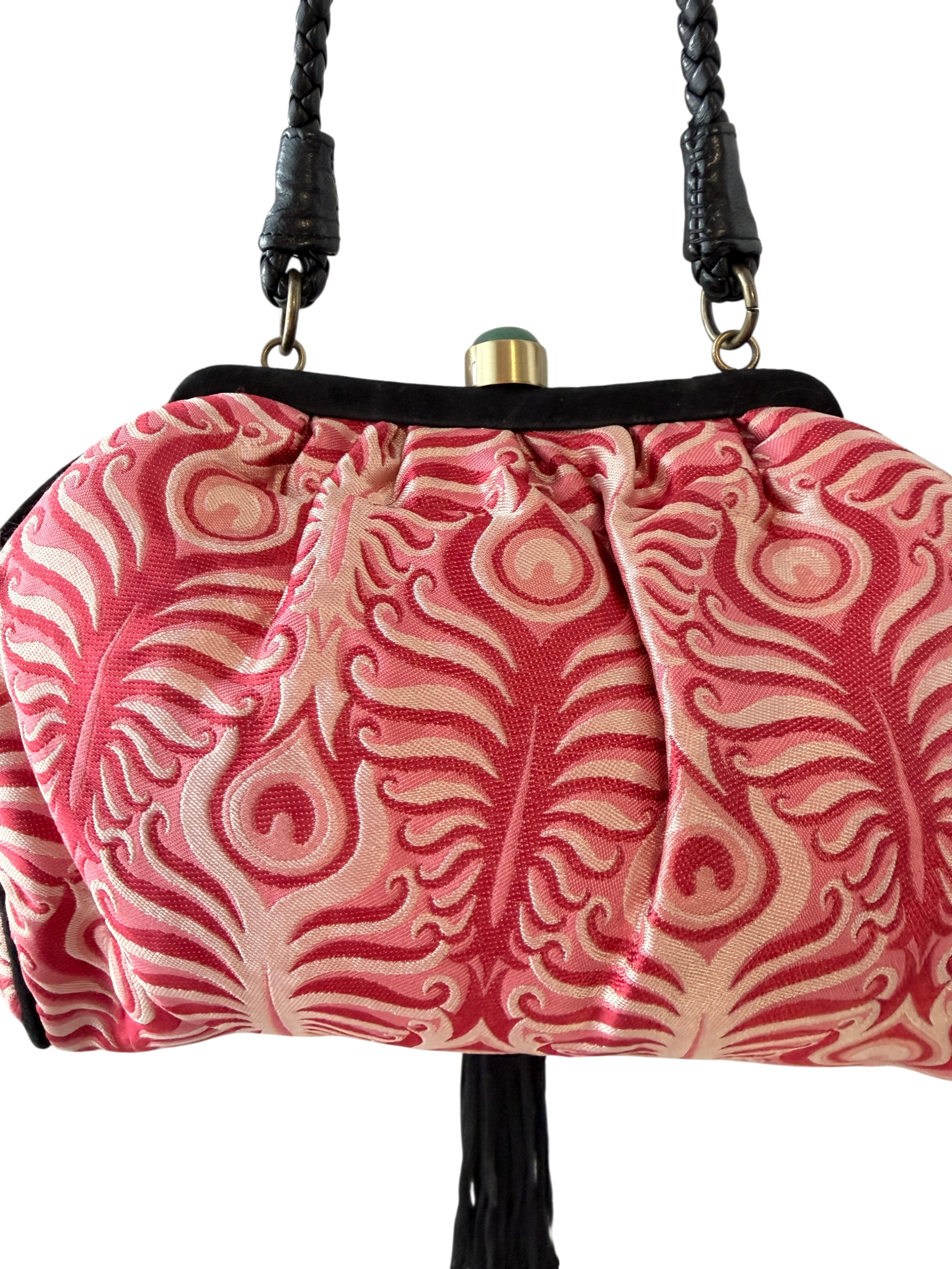 1990s Shanghai Tang Brocade Purse with Genuine Jade Cabochon and Tassel Detail