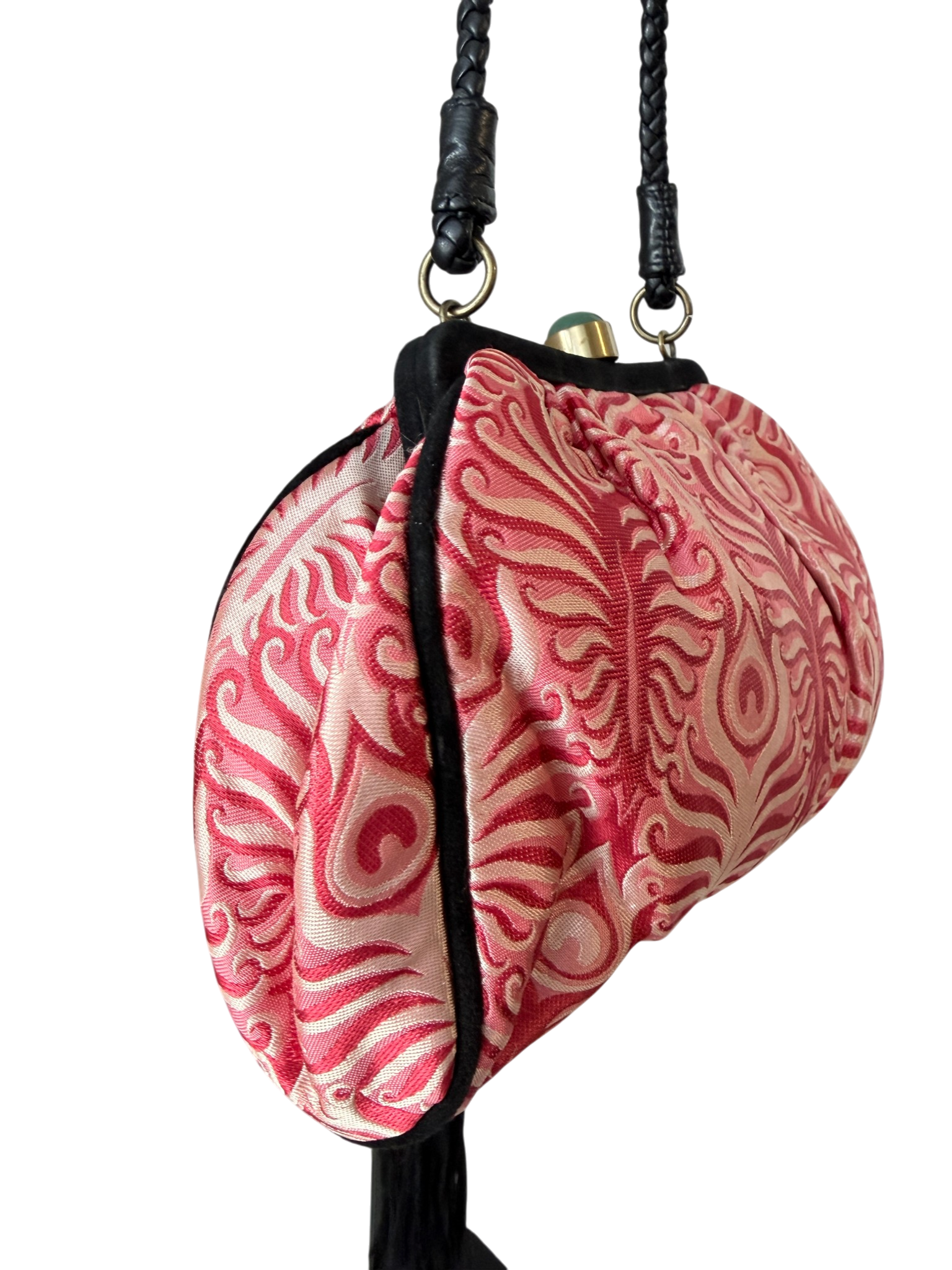 1990s Shanghai Tang Brocade Purse with Genuine Jade Cabochon and Tassel Detail