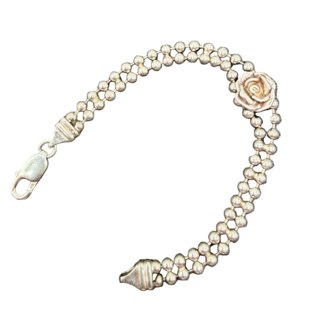 1960s Sterling Silver Double Ball Chain Bracelet with Carved Rose Centerpiece